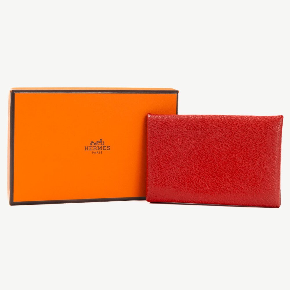 Hermes Calvi Vermillion Chevre Mysore Leather Card Holder